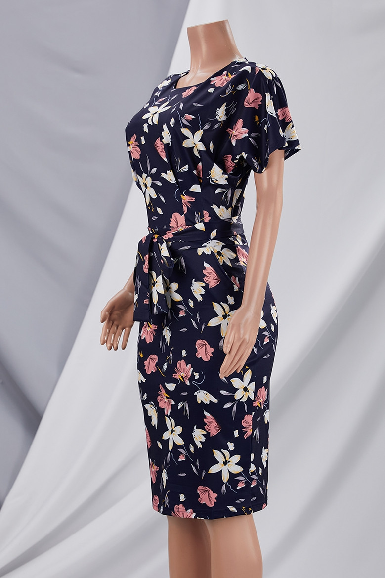 Summer New Stylish Simple With Belt Stretch Zip-Up Plus Size Multicolor Batch Printing Casual Midi Dress
