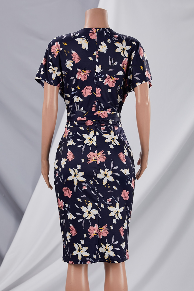 Summer New Stylish Simple With Belt Stretch Zip-Up Plus Size Multicolor Batch Printing Casual Midi Dress