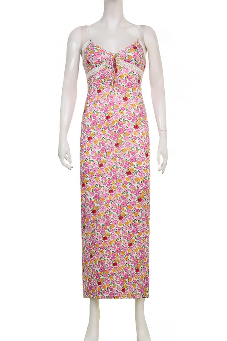 Summer New Stylish Stretch Floral Batch Printing Lace Patchwork Lace-Up Sling Backless Sexy Midi Dress