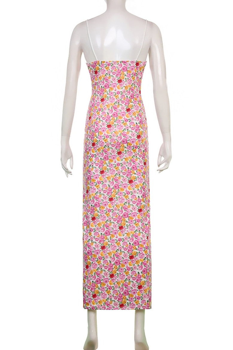 Summer New Stylish Stretch Floral Batch Printing Lace Patchwork Lace-Up Sling Backless Sexy Midi Dress