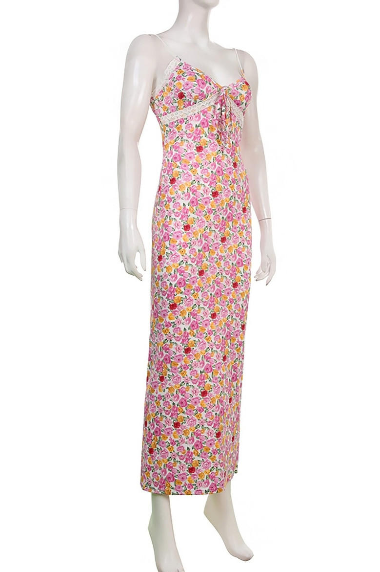 Summer New Stylish Stretch Floral Batch Printing Lace Patchwork Lace-Up Sling Backless Sexy Midi Dress