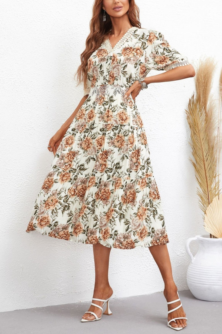 Summer New Stylish Stretch Floral Batch Printing Lace Spliced V-Neck Casual Midi Dress