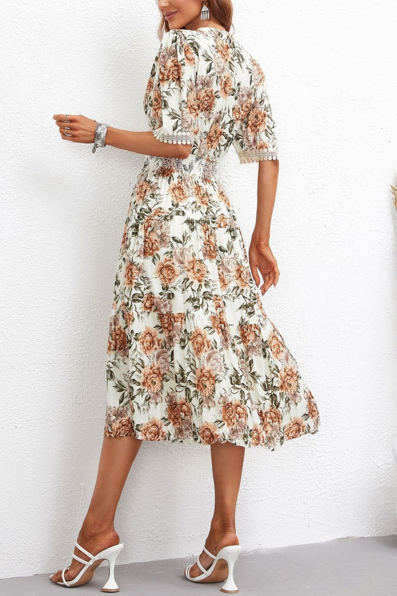 Summer New Stylish Stretch Floral Batch Printing Lace Spliced V-Neck Casual Midi Dress