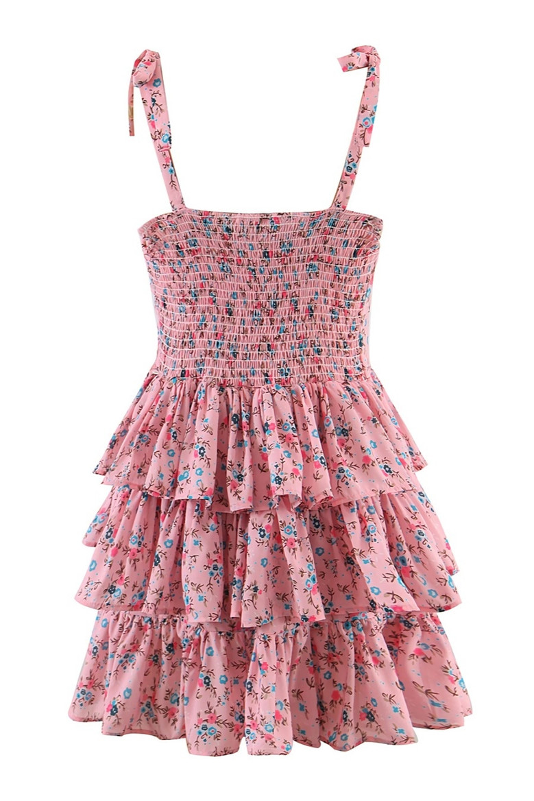 Summer New Stylish Stretch Floral Batch Printing Sling Lace-Up Ruffle Backless Casual Mini Dress