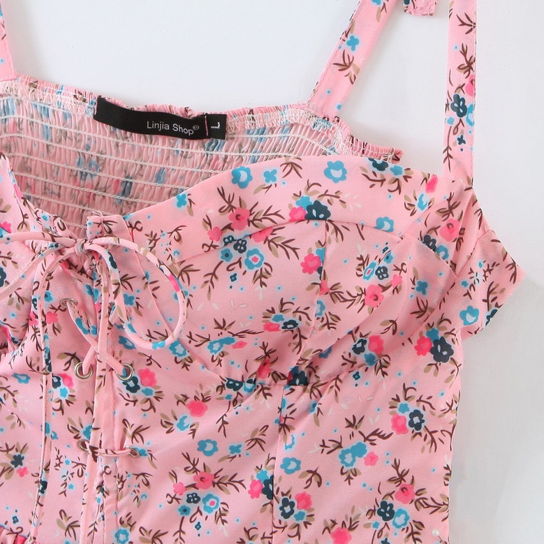Summer New Stylish Stretch Floral Batch Printing Sling Lace-Up Ruffle Backless Casual Mini Dress