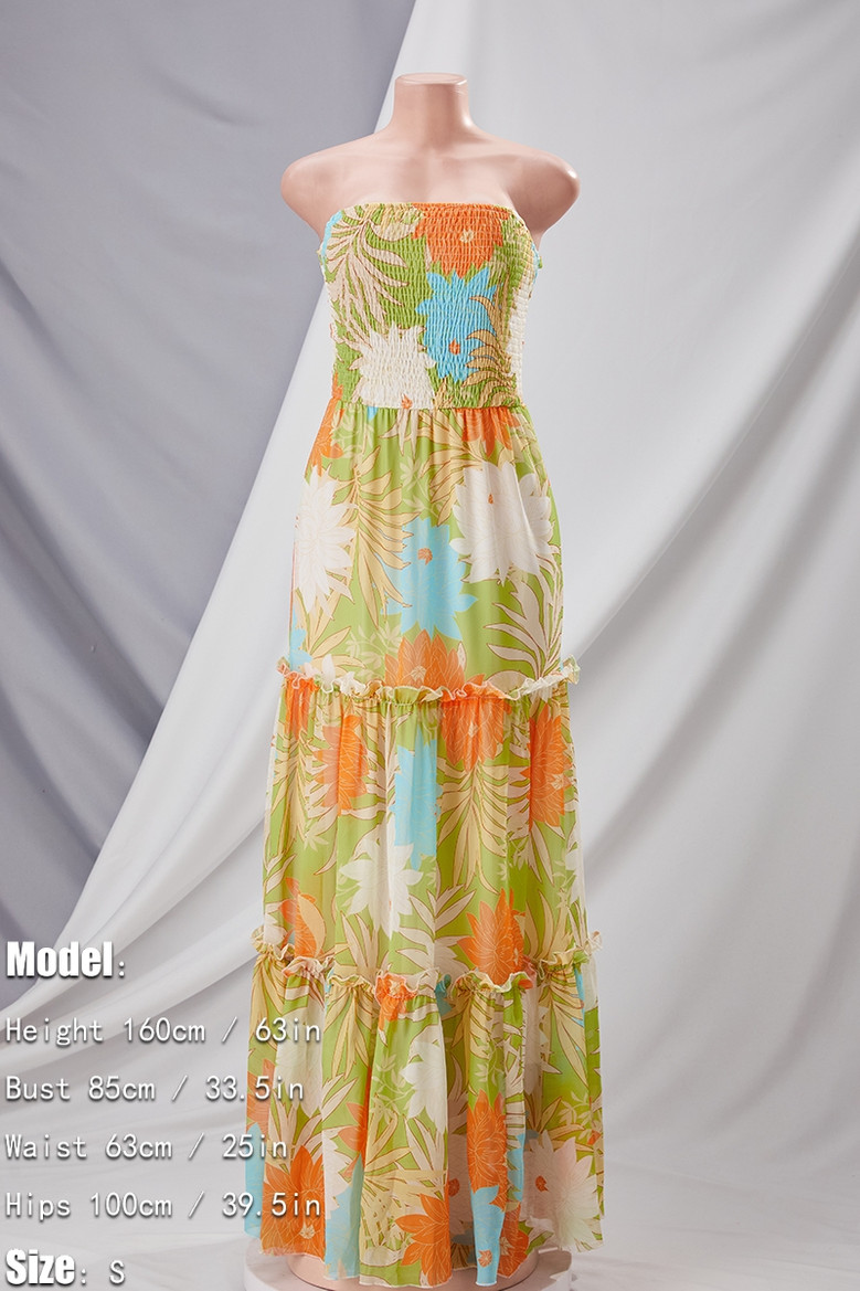 Summer New Stylish Stretch Flower Batch Printing Tube Design Hollow Backless Sexy Maxi Dress