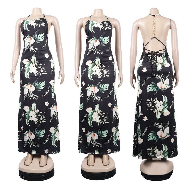 Summer New Stylish Stretch Flower & Leaf Batch Printing Halter-Neck Metal Chain Backless Lace-Up Sexy Maxi Dress