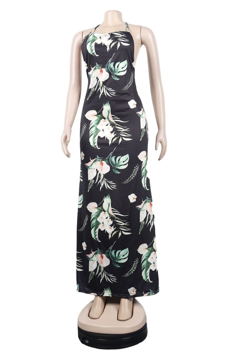Summer New Stylish Stretch Flower & Leaf Batch Printing Halter-Neck Metal Chain Backless Lace-Up Sexy Maxi Dress