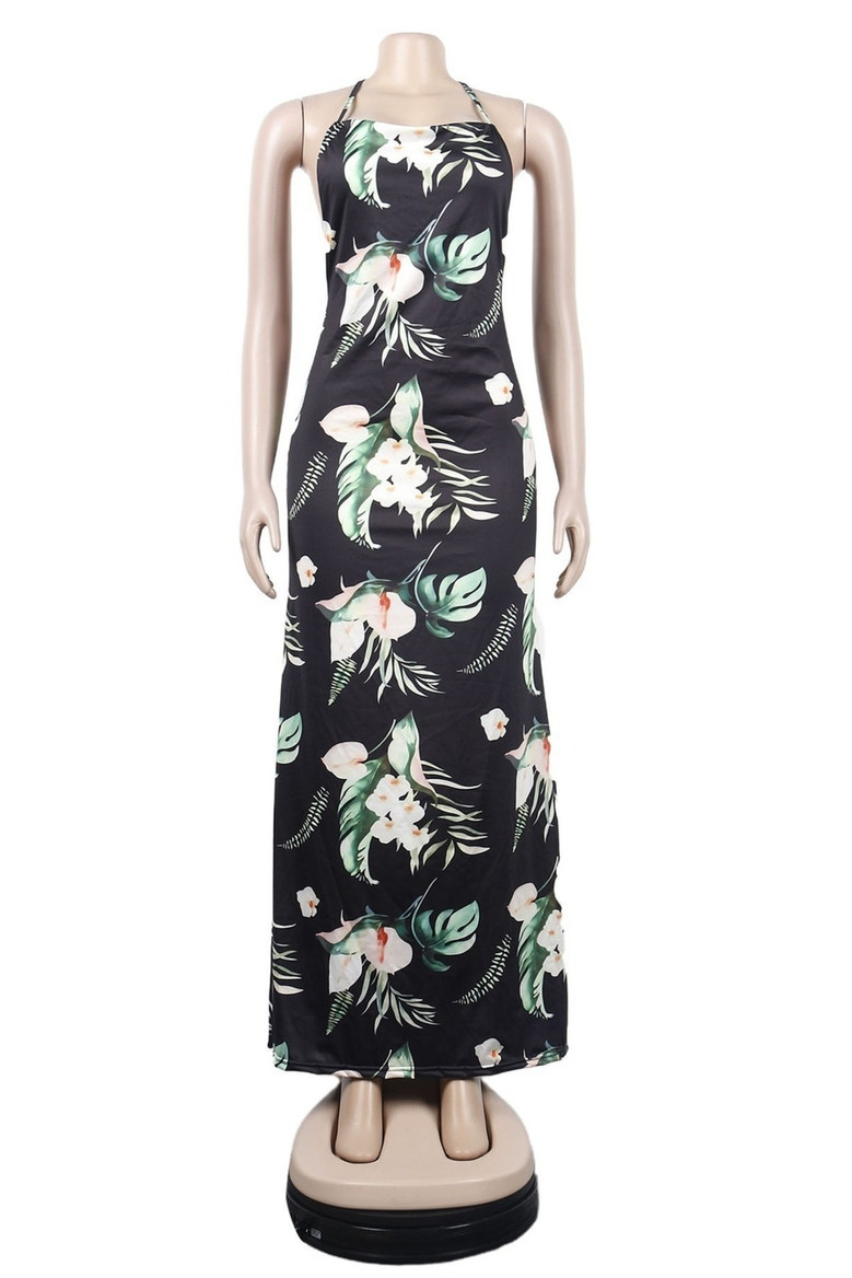 Summer New Stylish Stretch Flower & Leaf Batch Printing Halter-Neck Metal Chain Backless Lace-Up Sexy Maxi Dress