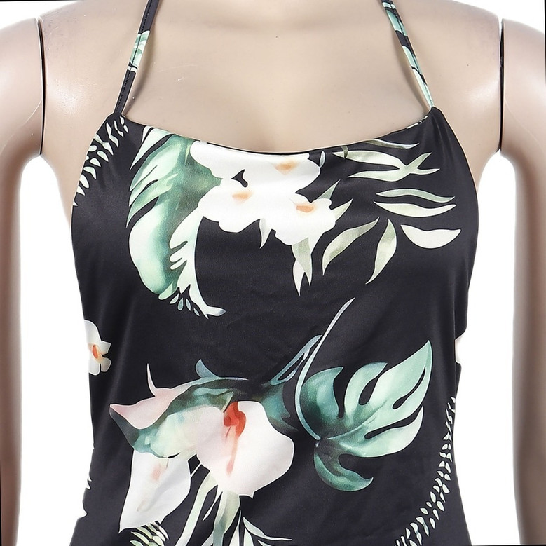 Summer New Stylish Stretch Flower & Leaf Batch Printing Halter-Neck Metal Chain Backless Lace-Up Sexy Maxi Dress