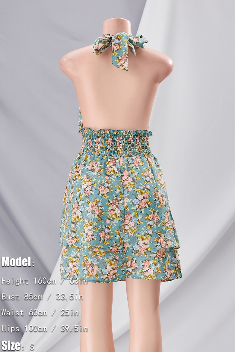 Summer New Stylish Stretch Halter-Neck Lace-Up Floral Batch Printing Hollow Backless Frill Crimped Sexy Mini Dress