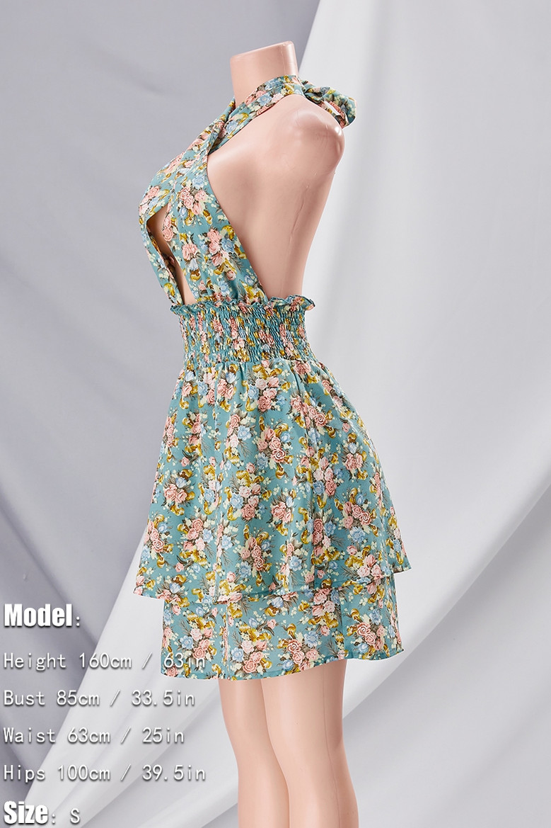 Summer New Stylish Stretch Halter-Neck Lace-Up Floral Batch Printing Hollow Backless Frill Crimped Sexy Mini Dress