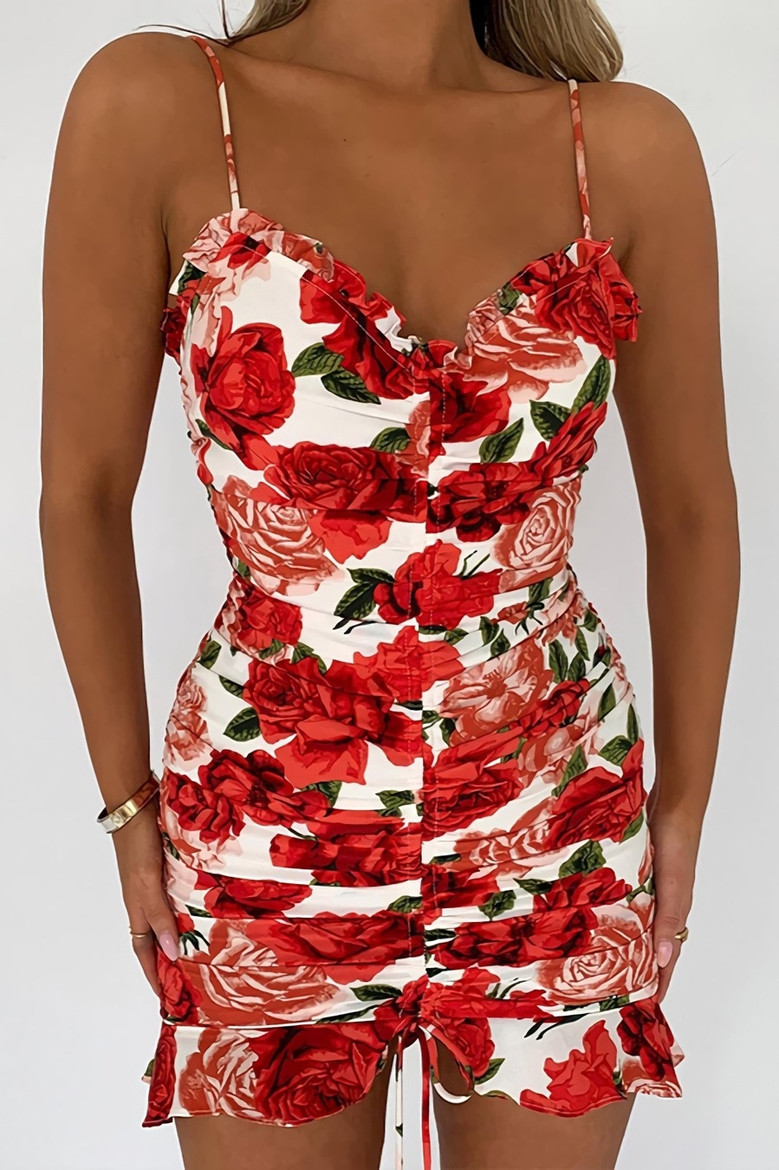 Summer New Stylish Stretch Rose Batch Printing Sling Backless Drawstring Bodycon Sexy Mini Dress