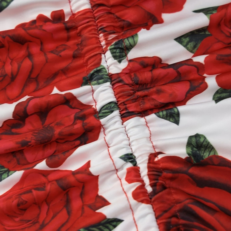 Summer New Stylish Stretch Rose Batch Printing Sling Backless Drawstring Bodycon Sexy Mini Dress