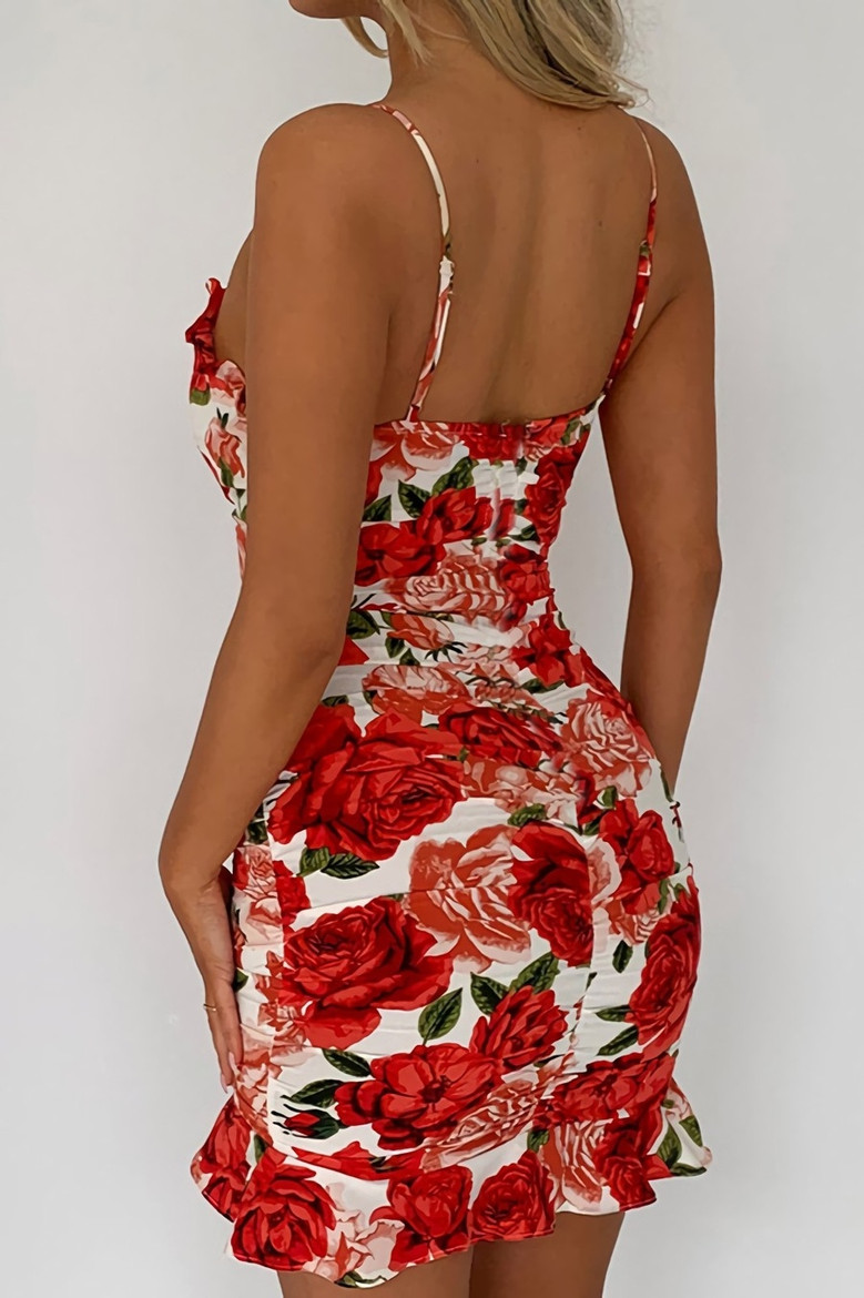 Summer New Stylish Stretch Rose Batch Printing Sling Backless Drawstring Bodycon Sexy Mini Dress