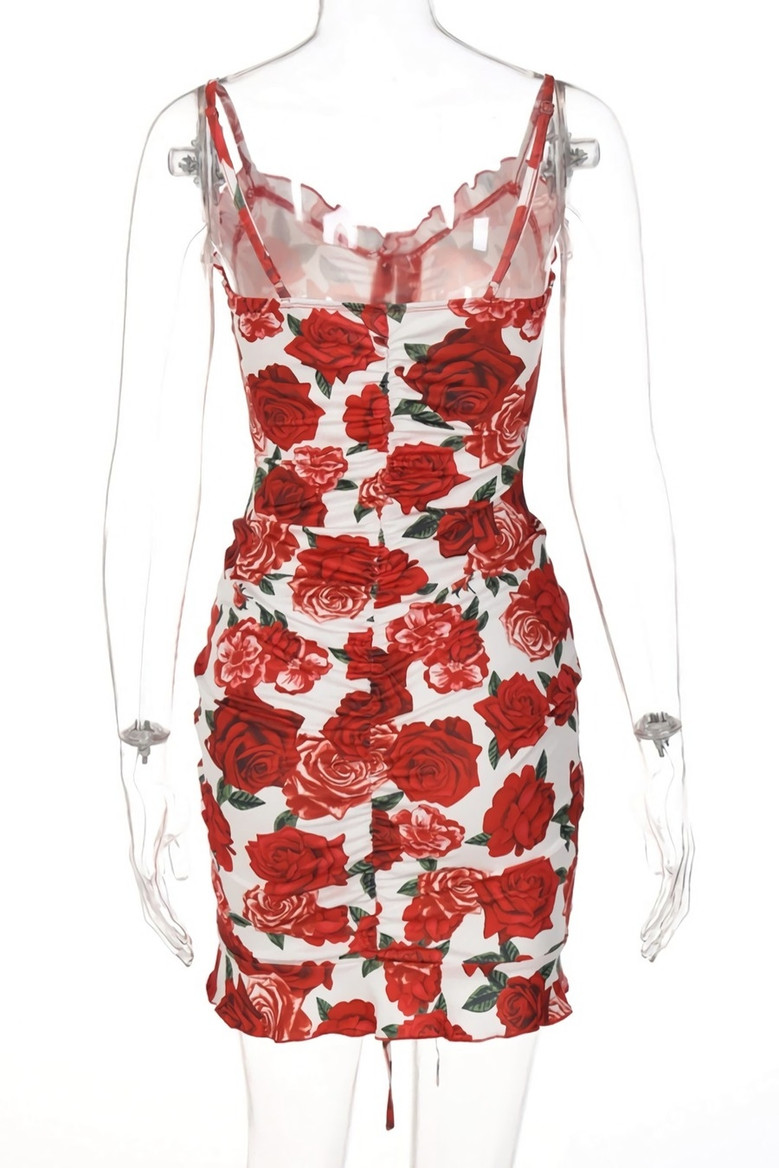Summer New Stylish Stretch Rose Batch Printing Sling Backless Drawstring Bodycon Sexy Mini Dress