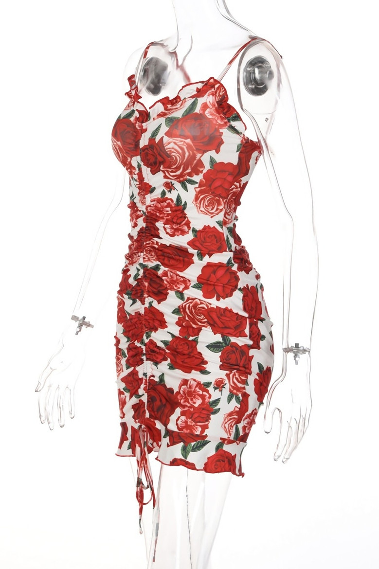 Summer New Stylish Stretch Rose Batch Printing Sling Backless Drawstring Bodycon Sexy Mini Dress