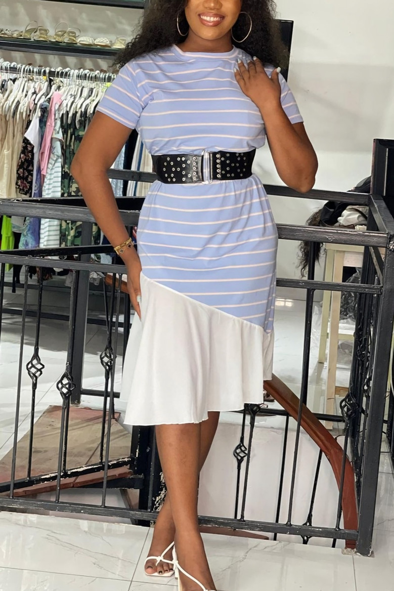 Summer New Stylish Three Colors Crew Neck Stripe Printing Stitching Solid Color Hem Stretch Without Belt Casual Midi Dress