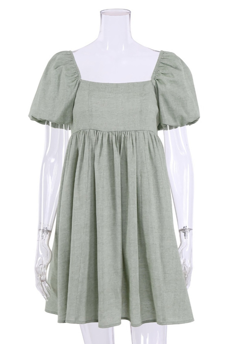 Summer New Stylish Three Colors Square Neck Puff Short Sleeves Cotton Zip-Up Casual Mini Dress