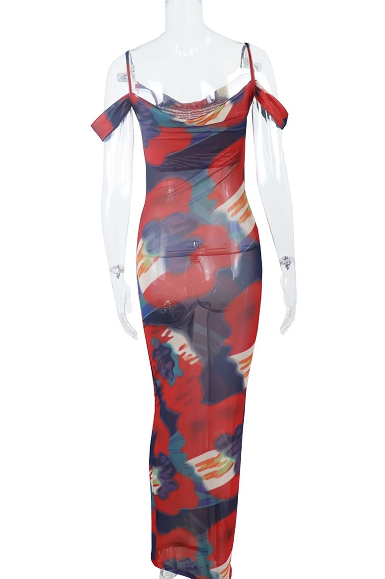 Summer New Stylish Tie Dye Batch Printing Mesh See Through Stretch Sling Sexy Maxi Dress