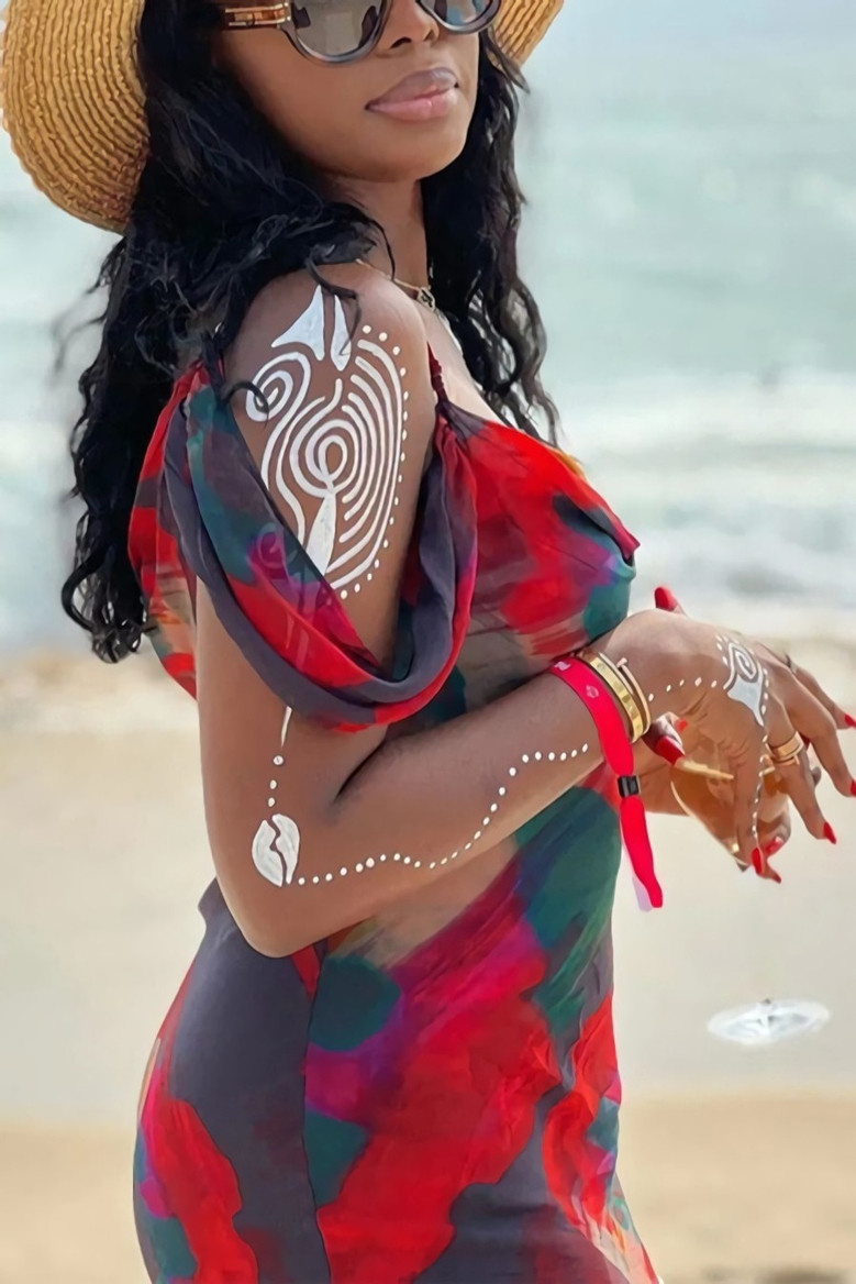Summer New Stylish Tie Dye Batch Printing Mesh See Through Stretch Sling Sexy Maxi Dress