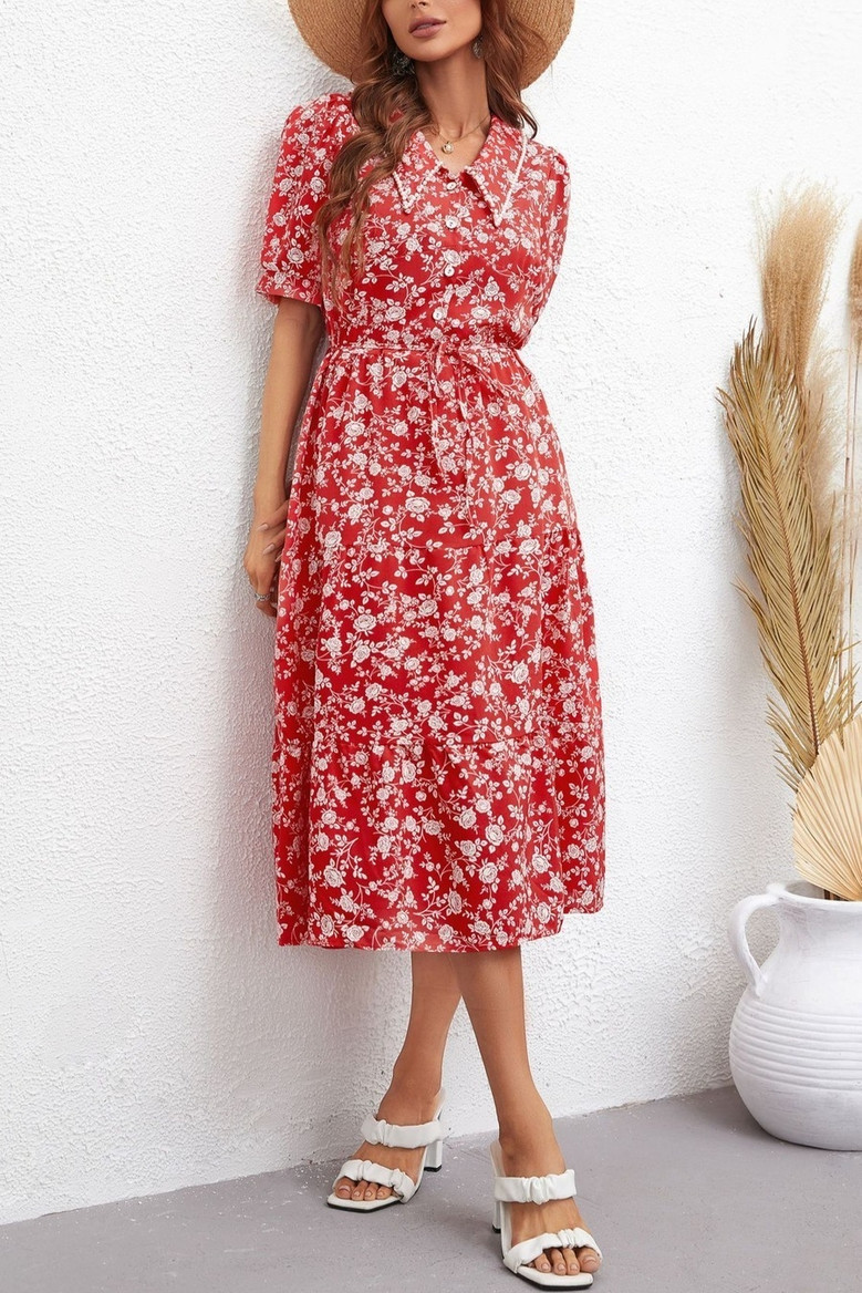 Summer New Stylish Two Colors Inelastic Floral Batch Printing Single-Breasted Pear Decor With Belt Casual Midi Dress Summer New Stylish Two Colors Inelastic Floral Batch Printing Single-Breasted Pear Decor With Belt Casual Midi Dress