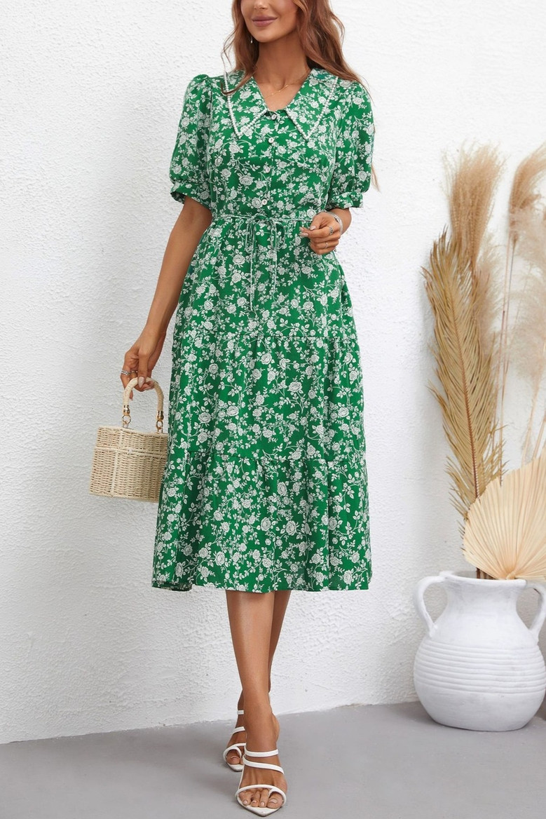Summer New Stylish Two Colors Inelastic Floral Batch Printing Single-Breasted Pear Decor With Belt Casual Midi Dress Summer New Stylish Two Colors Inelastic Floral Batch Printing Single-Breasted Pear Decor With Belt Casual Midi Dress