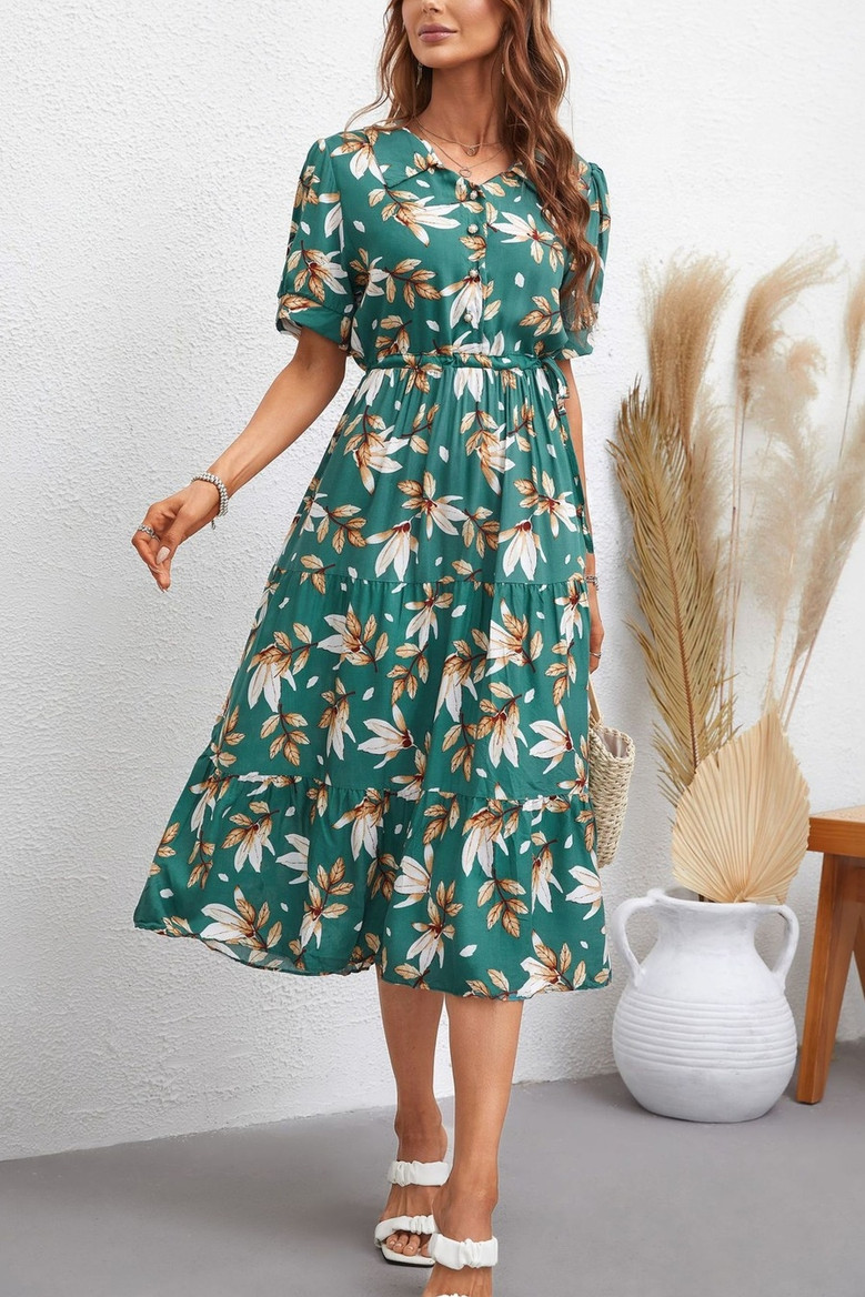 Summer New Stylish Two Colors Micro Elastic Flower Printing Lace-Up Single-Breasted Casual Midi Dress