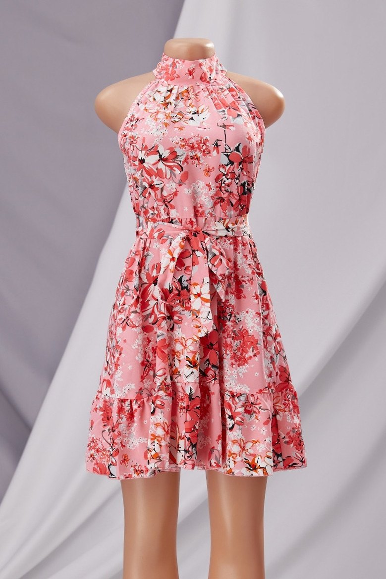 Summer New Three Colors Floral Batch Printing Inelastic Chiffon Tie-Waist Stylish Sweet Vacation Style Mini Dress