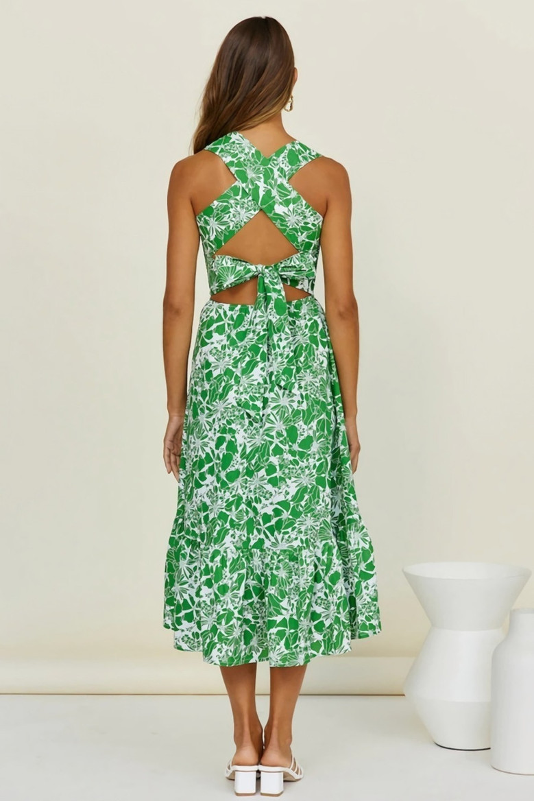 Summer New Two Colors Floral Batch Printing Micro-Elastic Backless Tied Smocked Stylish Vacation Style Midi Dress Floral Dresses