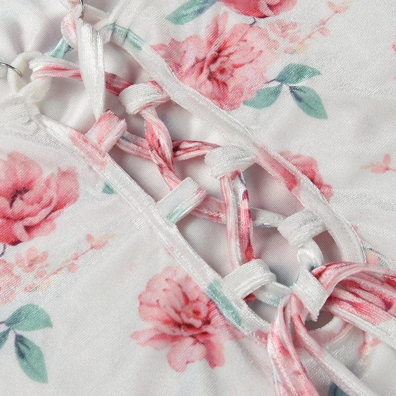 Summer New Velvet Rose Batch Printing Slit Sling Lace-Up Back Slim Stretch Midi Dress