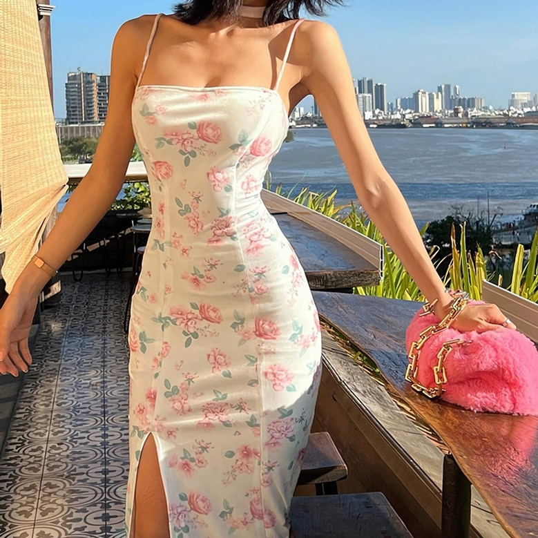 Summer New Velvet Rose Batch Printing Slit Sling Lace-Up Back Slim Stretch Midi Dress