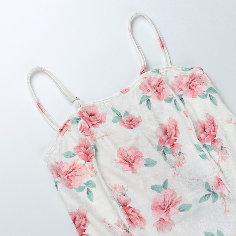 Summer New Velvet Rose Batch Printing Slit Sling Lace-Up Back Slim Stretch Midi Dress