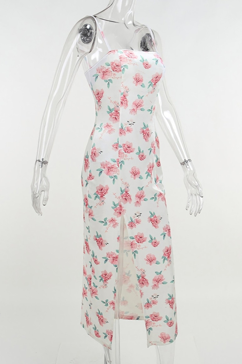 Summer New Velvet Rose Batch Printing Slit Sling Lace-Up Back Slim Stretch Midi Dress