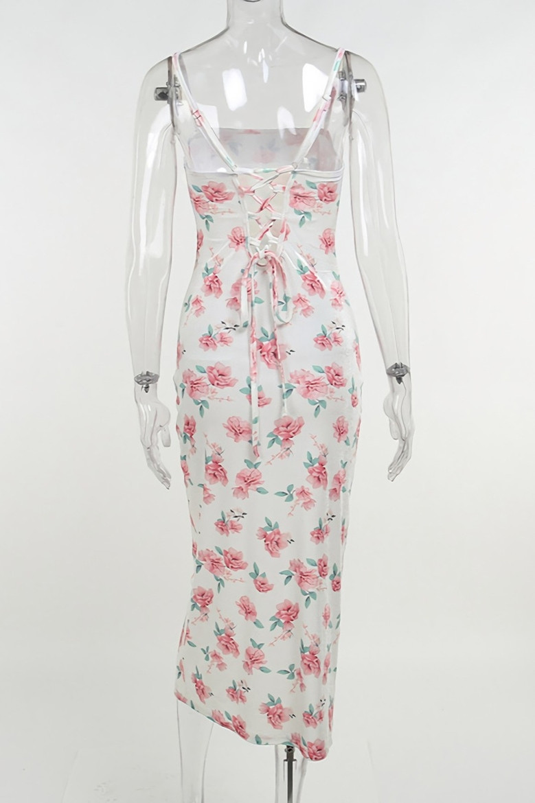 Summer New Velvet Rose Batch Printing Slit Sling Lace-Up Back Slim Stretch Midi Dress