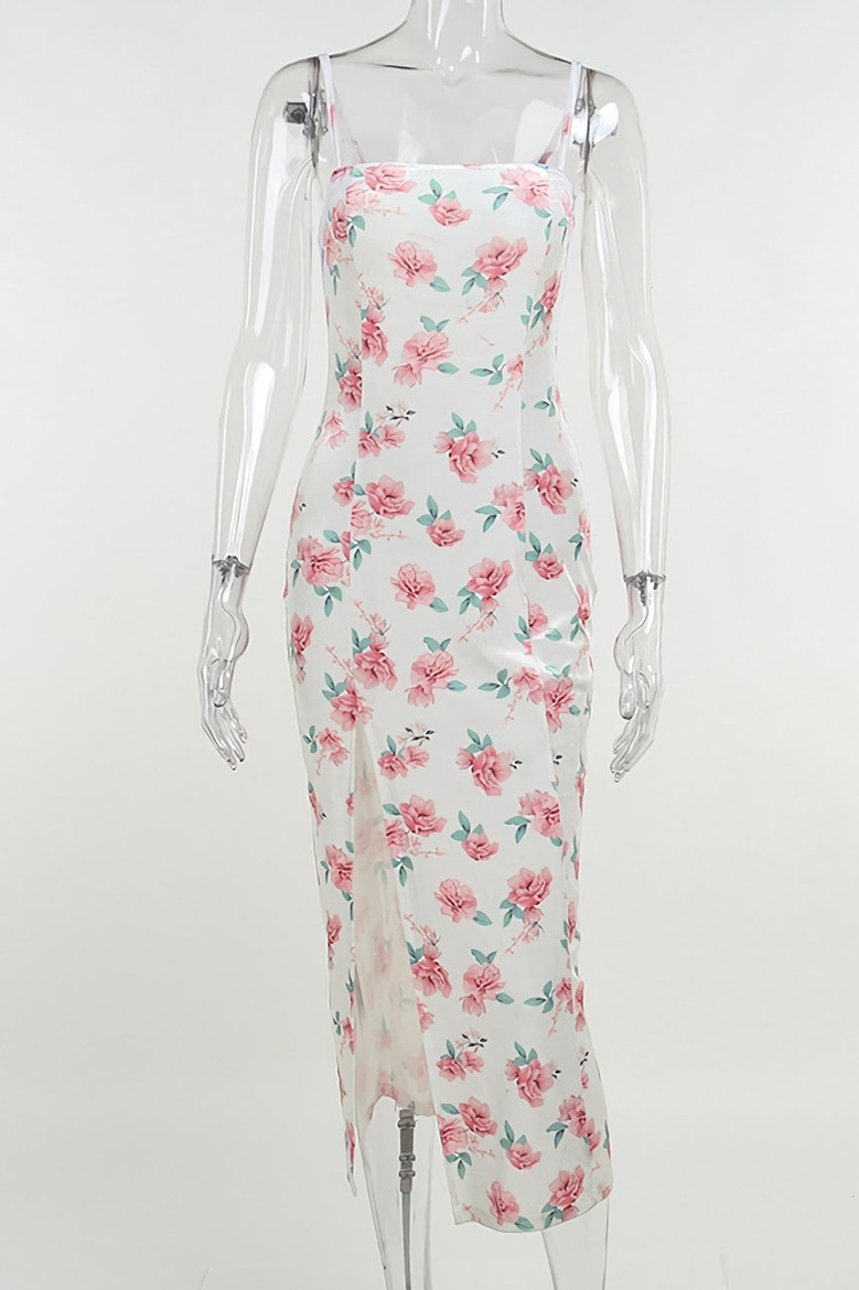 Summer New Velvet Rose Batch Printing Slit Sling Lace-Up Back Slim Stretch Midi Dress