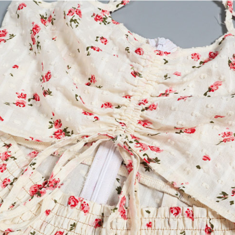 Summer Plus Size Floral Printing Inelastic Tie-Shoulder Drawstring Hollow Sexy Stylish Midi Dress