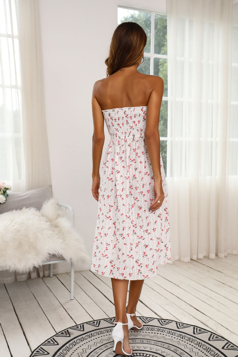 Summer Plus Size Floral Printing Inelastic Tube Top Thigh-Slit Stylish Midi Dress