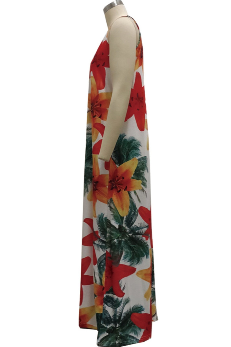 Summer Plus Size Flowers Batch Printing Sling V-Neck Stretch Loose Maxi Dress