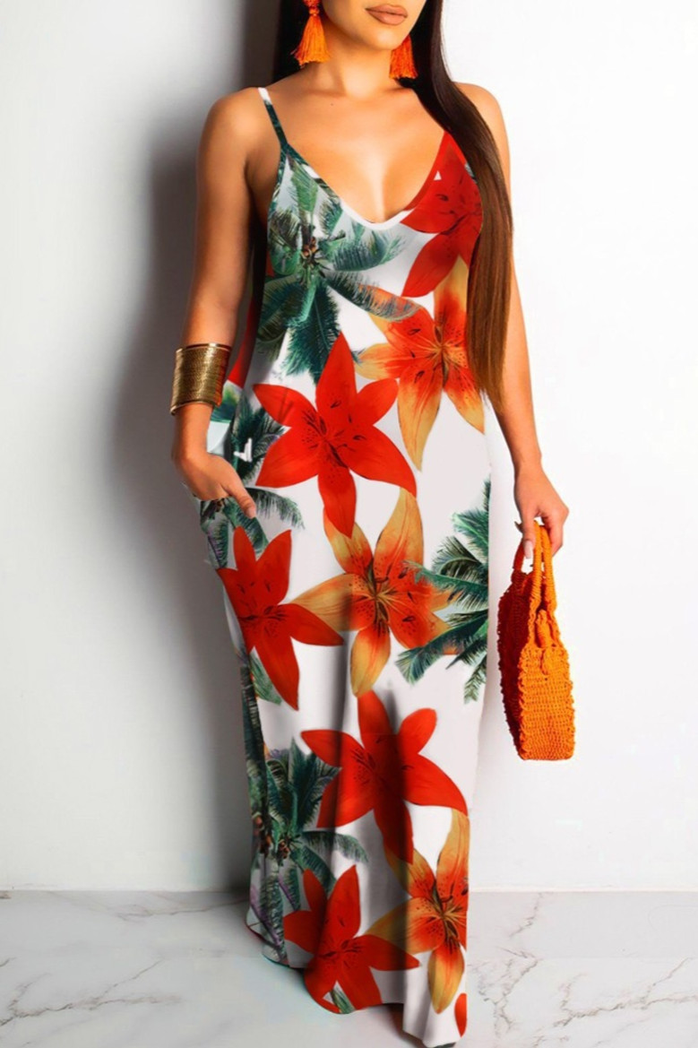 Summer Plus Size Flowers Batch Printing Sling V-Neck Stretch Loose Maxi Dress