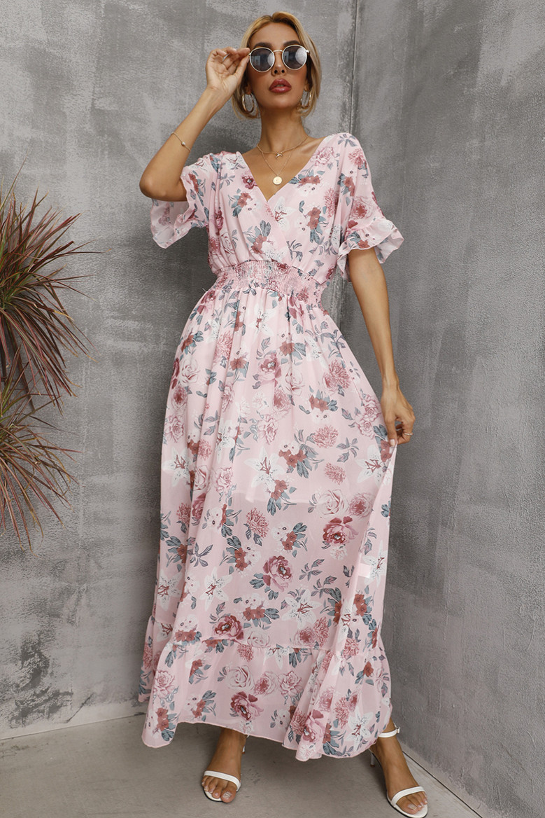 Summer Plus Size Four Colors Flower Batch Printing Inelastic V-Neck Backless Casual Pastoral Style Maxi Dress