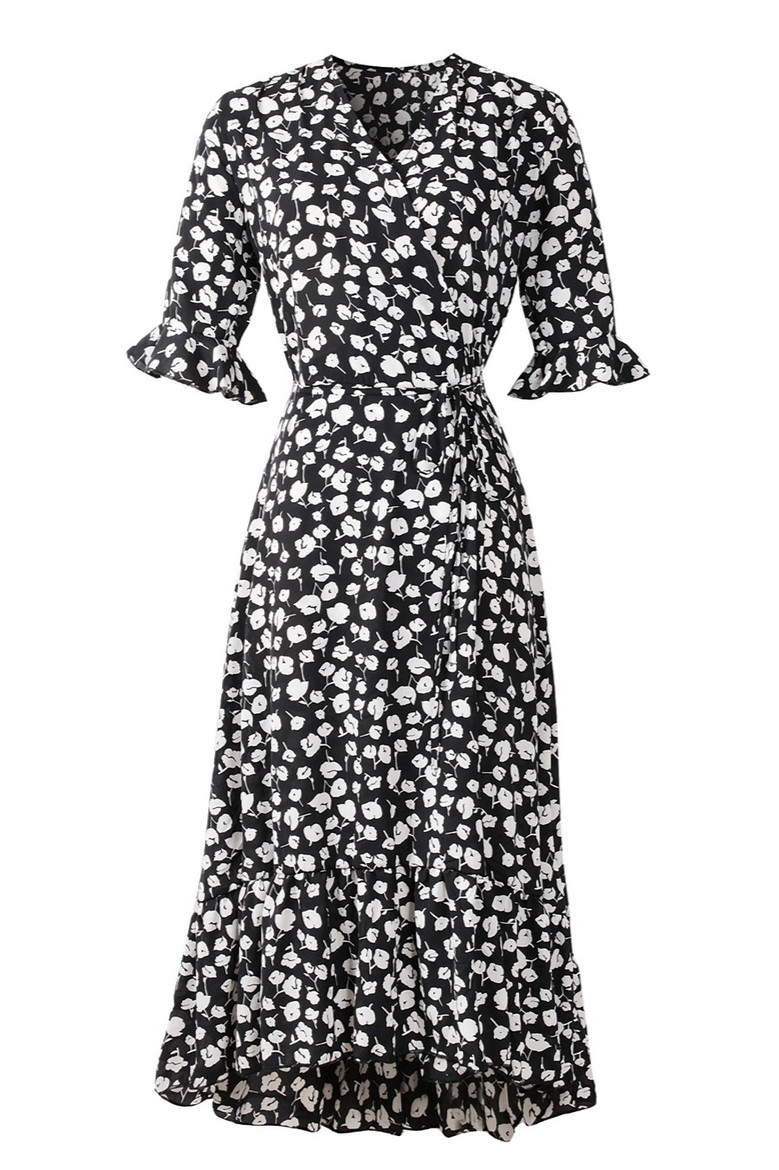 Summer Plus Size New 4 Colors Floral Batch Printing Inelastic V-Neck Ruffle Swing Slit Stylish Bohemian Midi Dress