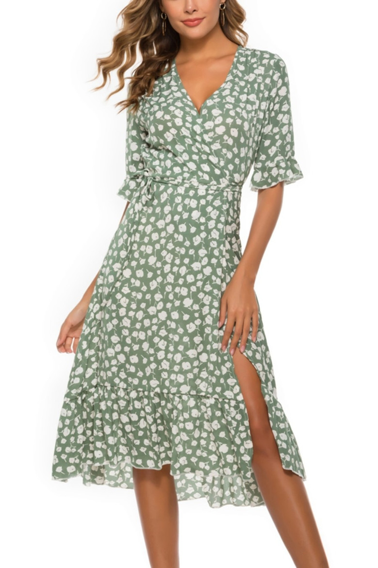 Summer Plus Size New 4 Colors Floral Batch Printing Inelastic V-Neck Ruffle Swing Slit Stylish Bohemian Midi Dress