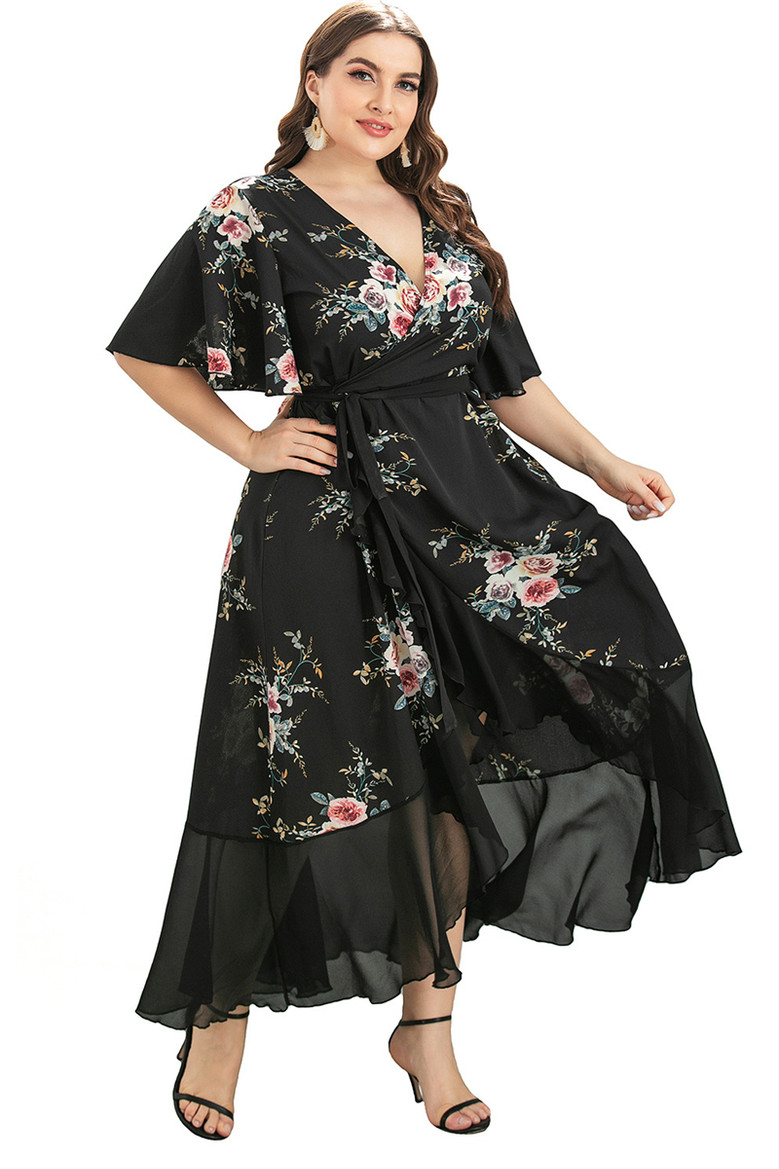 Summer Plus Size New Flowers Batch Printing V-Neck Ruffles Irregular Oversized Dress (With Belt)