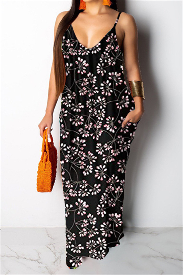 Summer Plus Size New Style Flowers Batch Printing 5 Colors Sling Maxi Dress