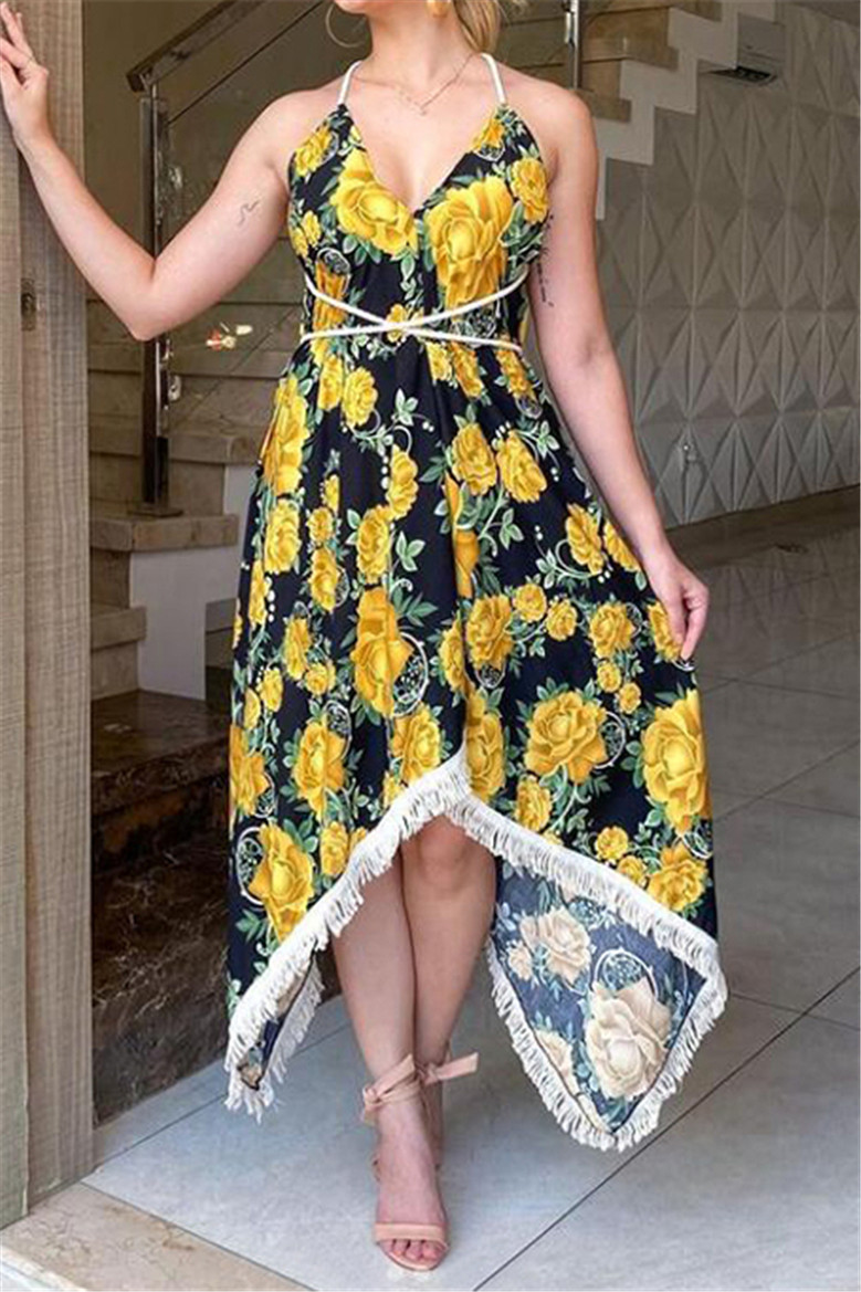 Summer Plus Size New Style Sling Deep V-Neck Flowers Batch Printing Backless Sexy Dress