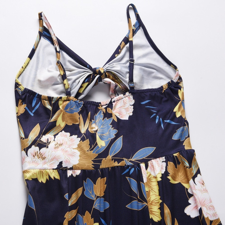 Summer Plus Size Vacation Style Floral Batch Printing Stretch Adjustable Straps Hollow Bowknot High Slit Sexy Midi Dress 1#