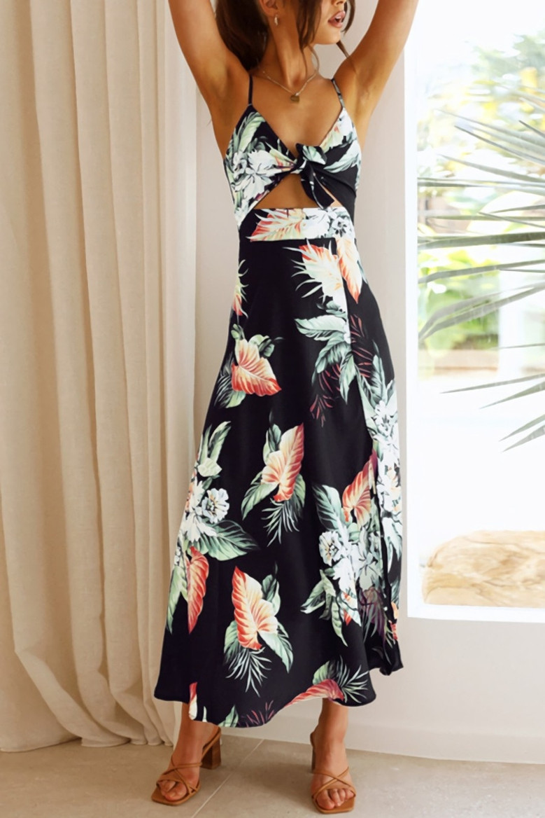Summer Plus Size Vacation Style Floral Batch Printing Stretch Adjustable Straps Hollow Bowknot High Slit Sexy Midi Dress 2#