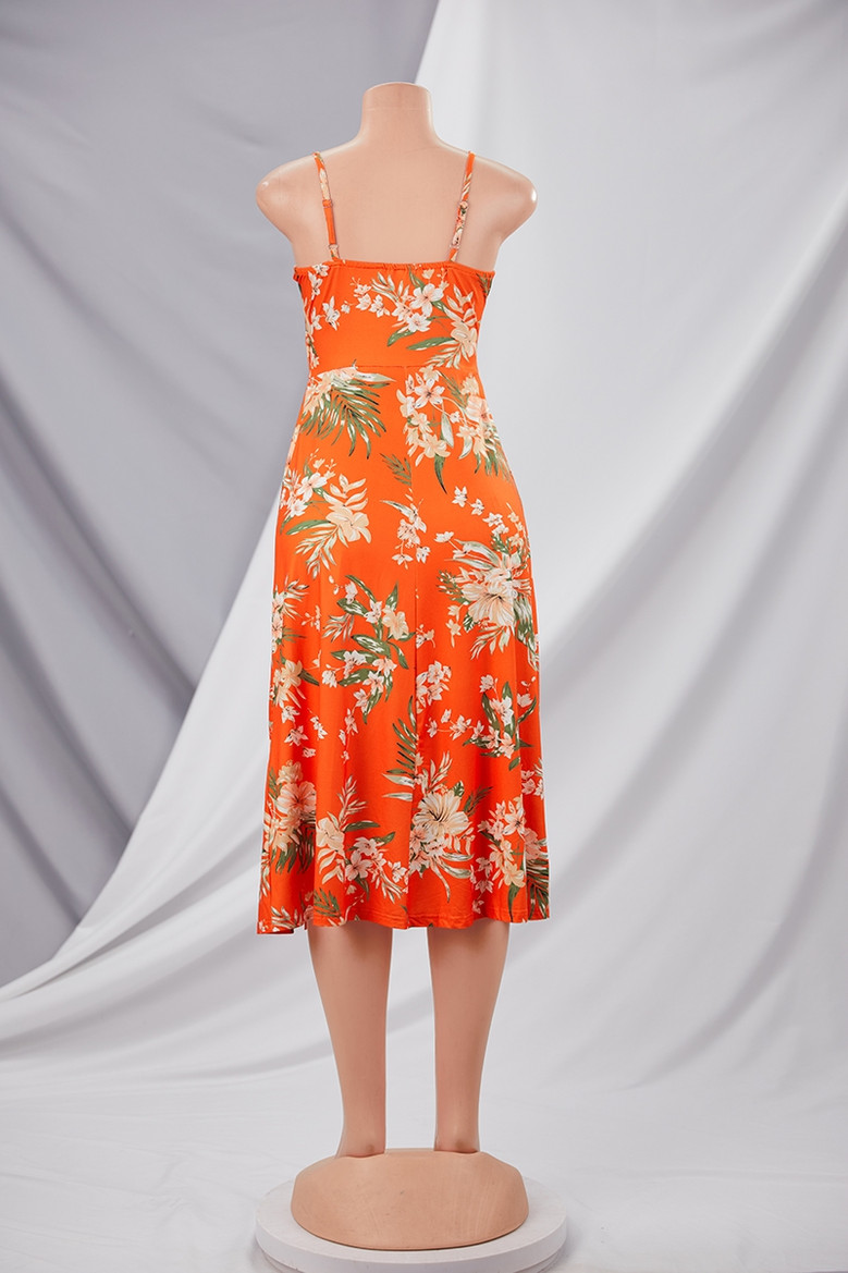 Summer Plus Size Vacation Style Floral Batch Printing Stretch Adjustable Straps Hollow Bowknot High Slit Sexy Midi Dress 4#