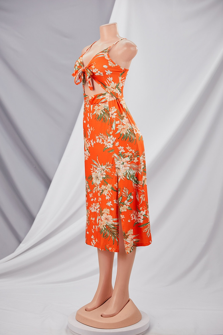 Summer Plus Size Vacation Style Floral Batch Printing Stretch Adjustable Straps Hollow Bowknot High Slit Sexy Midi Dress 4#